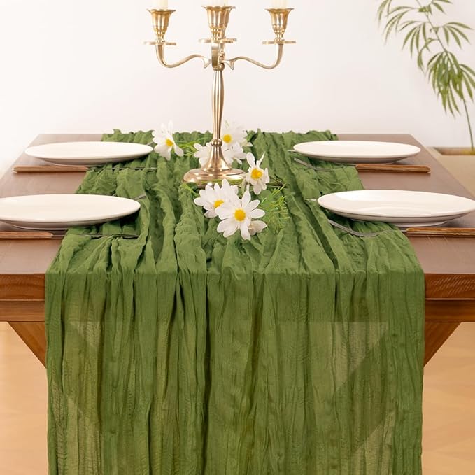 Socomi 10pcs Moss Green Summer Cheesecloth Table Runner Boho Rustic Gauze 120 inch 10FT Cheese Cloth Sheer Runner for Wedding Party Baby Shower Birthday Home Decor Holiday Decorations