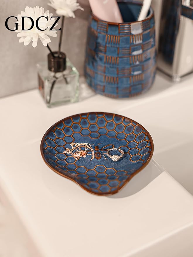 GDCZ Ceramic Jewelry Tray, 5.3" Decorative Dish, Personalized Jewelry Trays Tray with Pattern, Gifts for Friends, Sisters and Women,Set of 2 (Blue)