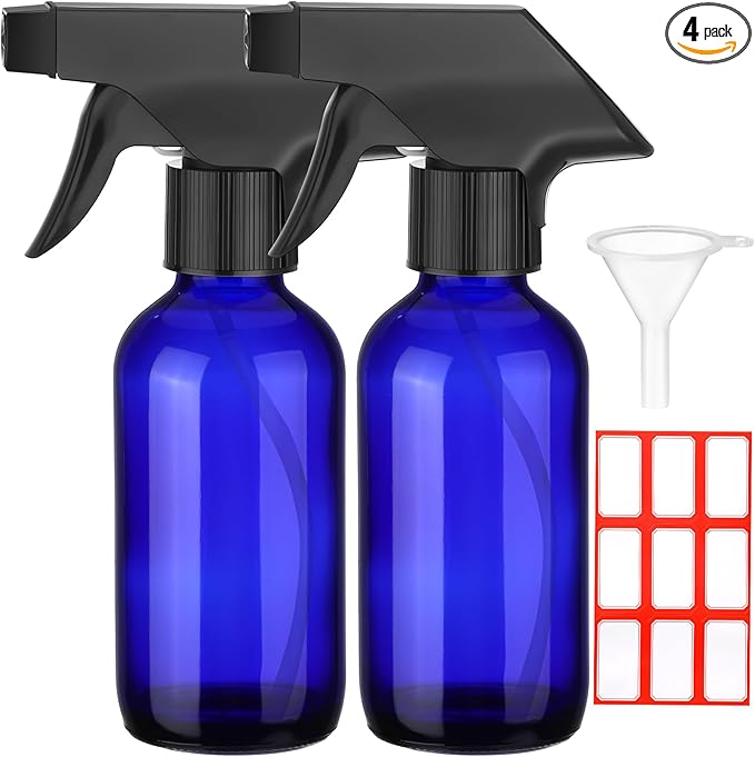 Fumete 2 Pack Glass Bottles 4oz Empty Refillable Liquid Containers with 1 Label 1 Funnel for Essential Oils Hair Travel Plants Cleaning Skin Care (Spray Bottle, Blue, Black Top)