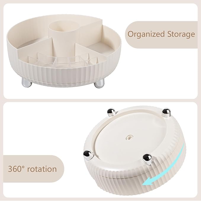 Anyoifax Makeup Perfume Organizer Tray with Divider, 360-Degree Rotating Lazy Susan Skincare Lotion Organizer, Spinning Cosmetics Storage for Dresser, Vanity, Bathroom Countertop, Large Beige