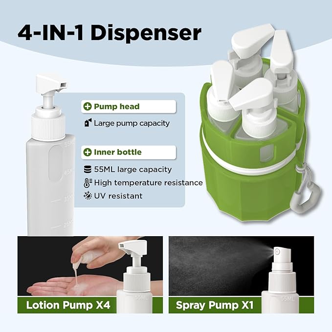 YOTIME 4in1 Travel Bottles Set, Vacuum Silicone Suction Cup for Smooth Walls, TSA Approved Leak Proof Travel Size Containers for Toiletries, Shampoo, Body Wash and Conditioner, Green