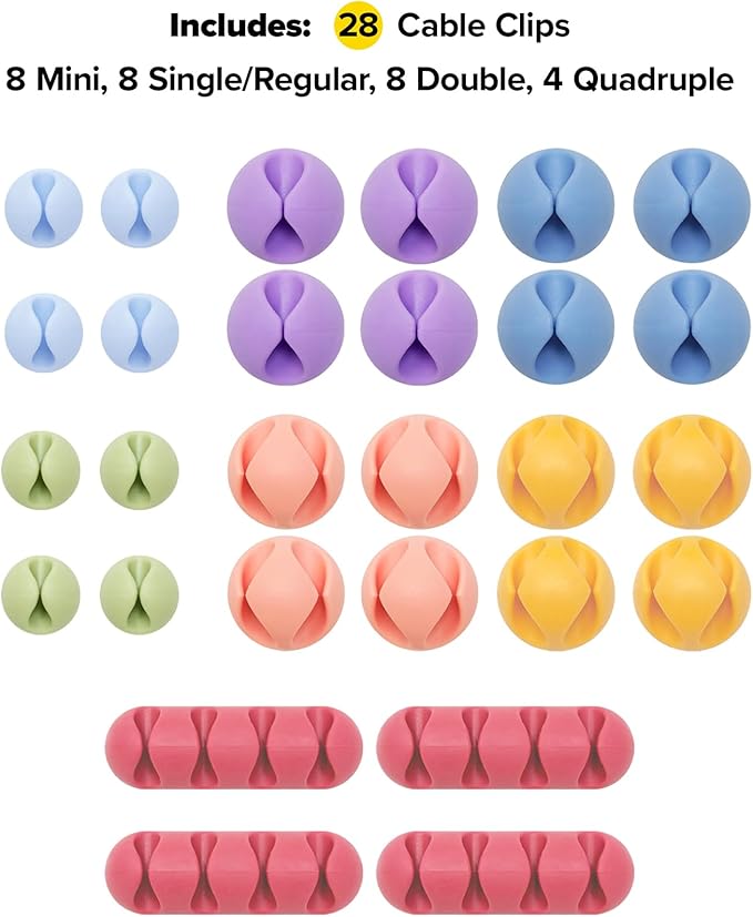 Wrap-It Storage Cable Clips - (Assorted 28-Pack) Macaron - Desk and Nightstand Cable Holder for Phone and Bedside Table Cord Organizer