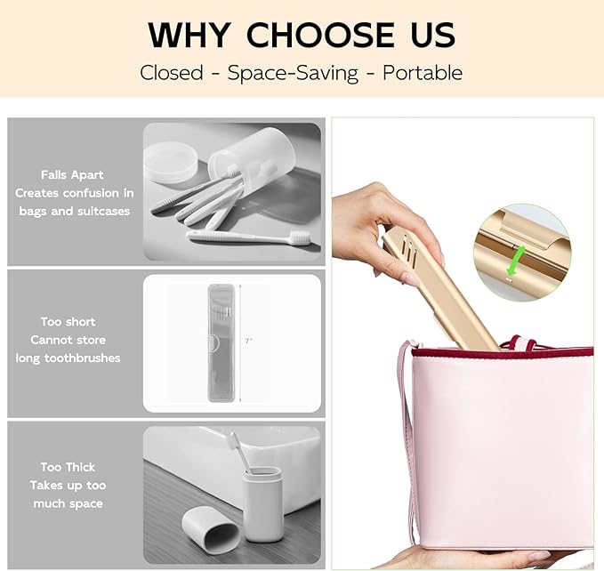 Travel Toothbrush Case, Portable Toothbrush Holder, Durable Aluminum Toothbrush Storage Box, Small Breathable Manual Toothbrush Container for Traveling, School, Camping, Business Trip - Gold
