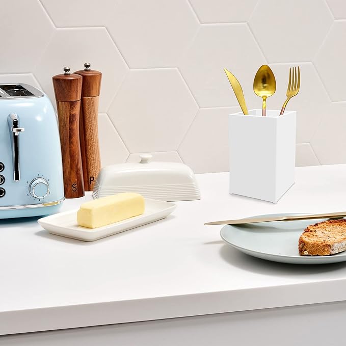 White Acrylic Pencil Pen Holder Cup 2 Pack,Desk Accessories Holder,Makeup Brush Storage Organizer,Modern Design Desktop Stationery Organizer for Office School Home Supplies,2.6x 2.6x 4 inches