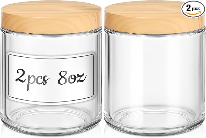 8 OZ Glass Jars with Lids, 2 Pcs Candle Jars with Plastic Woodgrain Lids & Inner Liners, Reusable Travel Containers for Creams, Makeup, Lotion, Cosmetic