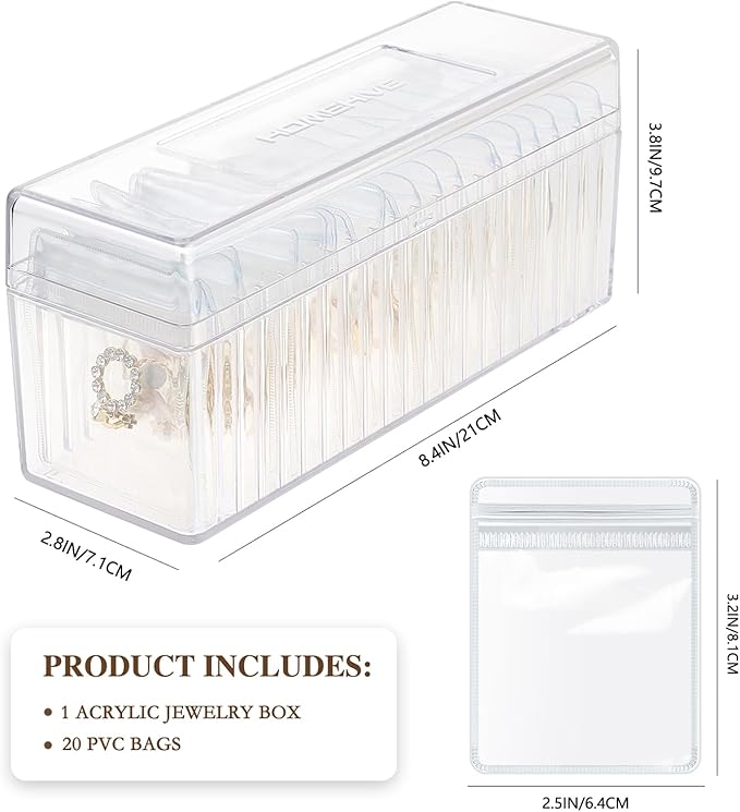 Acrylic Jewelry Box Organizer, Clear Jewelry Organizer and Storage with 20 Portable Anti Tarnish Jewelry bags, Travel Jewelry Case for Earrings/Rings/Necklaces Gifts for Women Girls, Clear