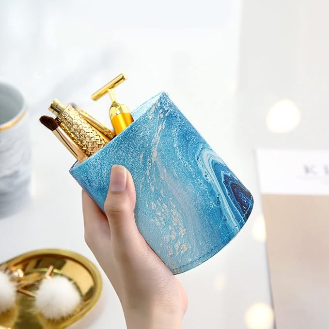 WAVEYU Marble Pen Holder for Desk, Pencil Organizer Office Decor, Large Makeup Brush Holder Pu Leather Multi-Functional Organizer Cup for Office, Home, Classroom, Blue Marble