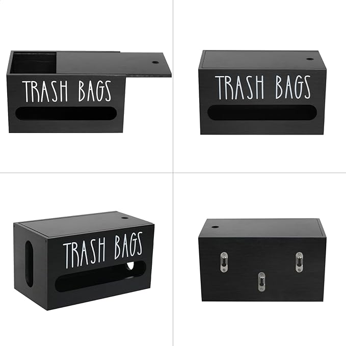Trash Bag Dispenser, Wall Mounted, Small Wood Trash Bag Holder, used in kitchen, garage, laundry room, can store environmentally friendly food bags and garbage bags (Black/Small)