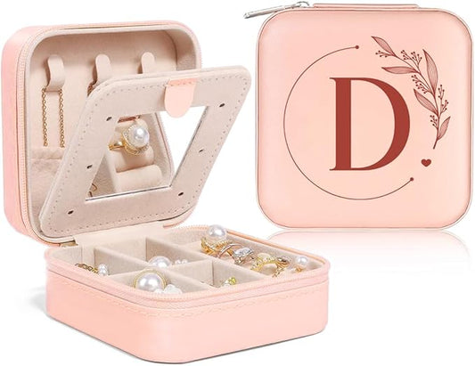 SANDJEST Personalized Jewelry Box, Pink Small Travel Jewelry Box with Initial D, Monogrammed Jewelry Case Organizer for Girls Women Teen, Mini Travel Essentials Gifts for Christmas Birthday