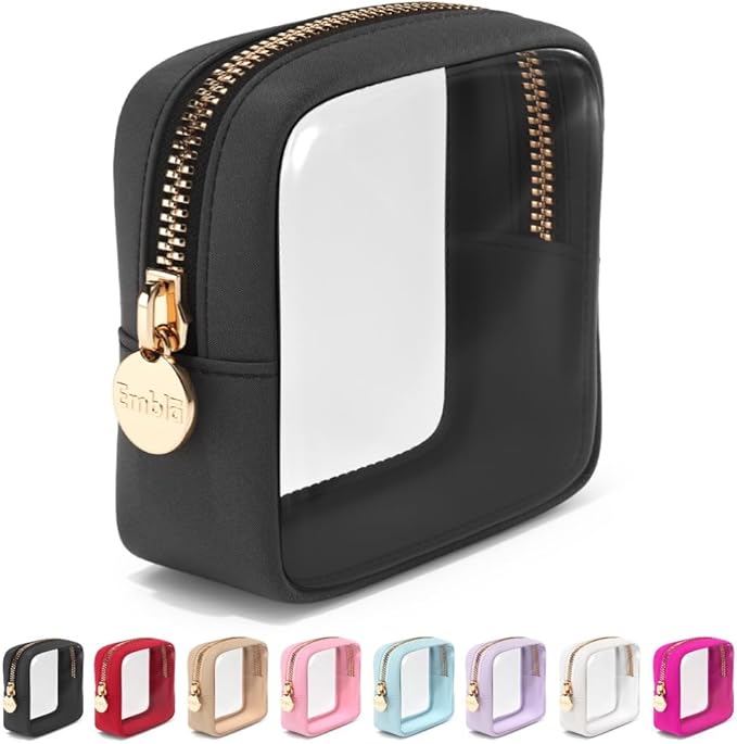 Clear Makeup Bag Zipper Pouch, Transparent Cosmetic Case Organizer, TSA Approved Travel Toiletry Case, Travel Accessories Essentials Makeup Tote for Women, Mini Cute Make up Bag for Purse - Black