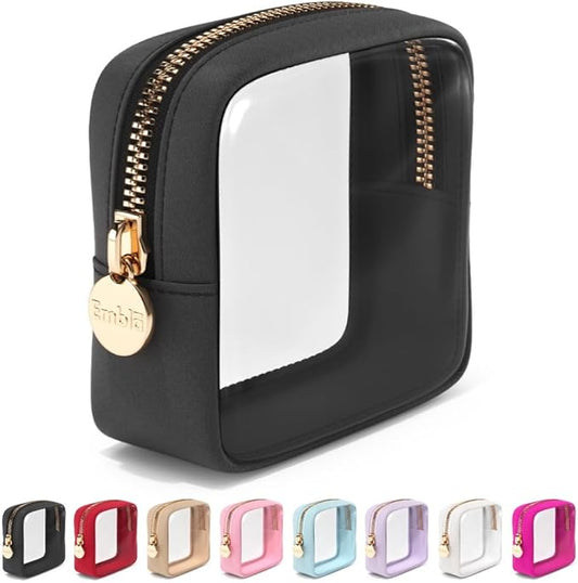 Clear Makeup Bag Zipper Pouch, Transparent Cosmetic Case Organizer, TSA Approved Travel Toiletry Case, Travel Accessories Essentials Makeup Tote for Women, Mini Cute Make up Bag for Purse - Black