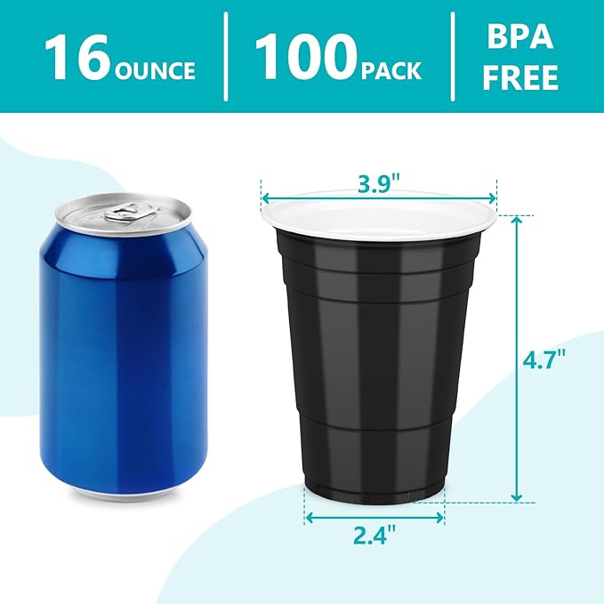 LANLISA 100 Black Plastic Cups, 16 oz Disposable Cups, Drinking Cups For Party Supplies