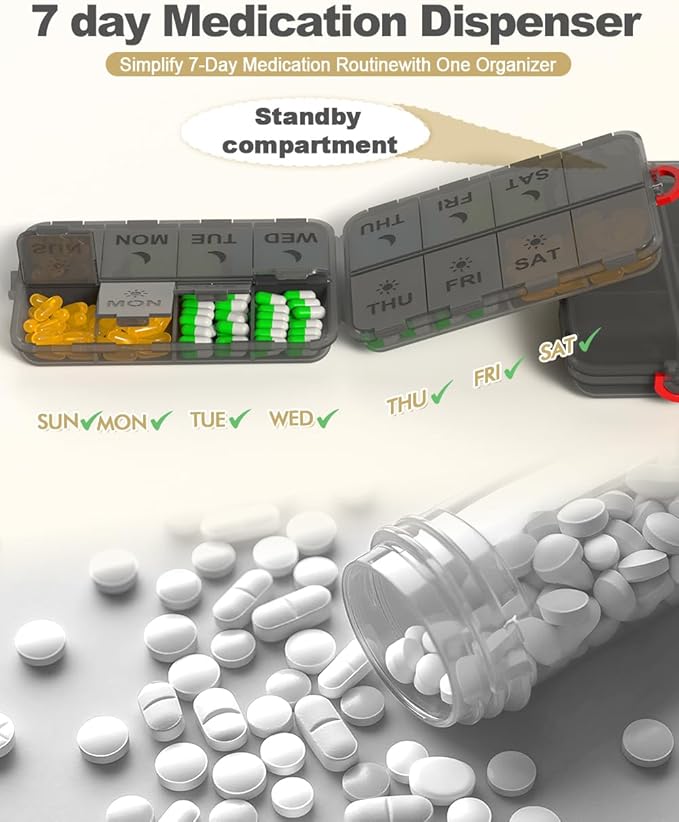Pill Organizer Medicine Organizer Travel Essentials - Weekly Medicine Dispenser with Etched Labels, 7 Day AM PM Dispenser, Travel Pill Box, Foldable Medicine Case