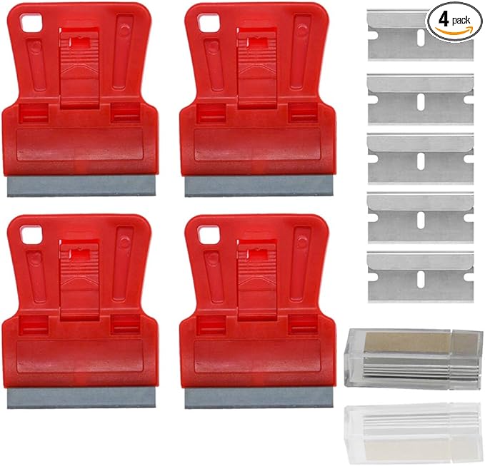Mini Plastic Razor Blade Scraper High Visibility Red Window Paint Scraper with 5 Spare Metal Razor Blades - Stove Top, Wallpaper Sticker Decal Residue Label Removal