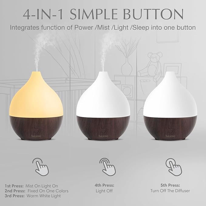 SALKING Essential Oil Diffuser, 100ml Small Aromatherapy Diffuser for Essential Oils, Auto Shut-Off Ultrasonic Diffusers, Cool Mist Humidifier with Warm White Lights, for Office Home (Dark)