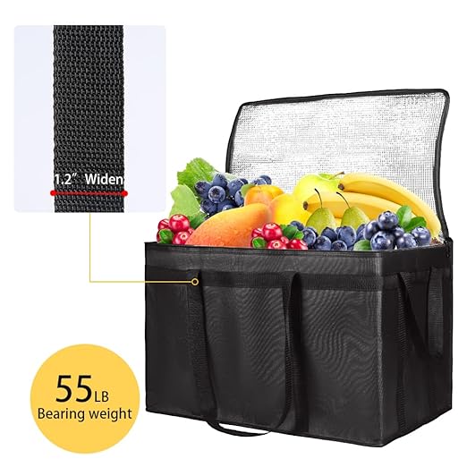 Insulated Food Delivery Bag, XXXL Insulated Reusable Grocery Cooler/Hot Bags, Tote Bag for Shopping/Travel, Catering Bag 22x14x13, Black, 3-Pack