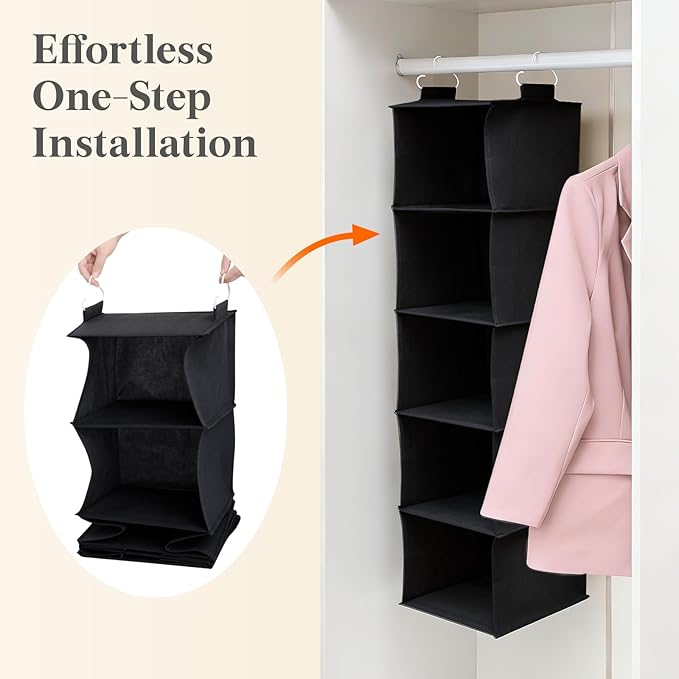 Lifewit 5 Tier Hanging Closet Organizer and Storage for Shelves, Foldable Clothes Storage Shelf with 2 Sturdy Hooks for Clothing Organization, Dorm Room Essentials for Guys, Black