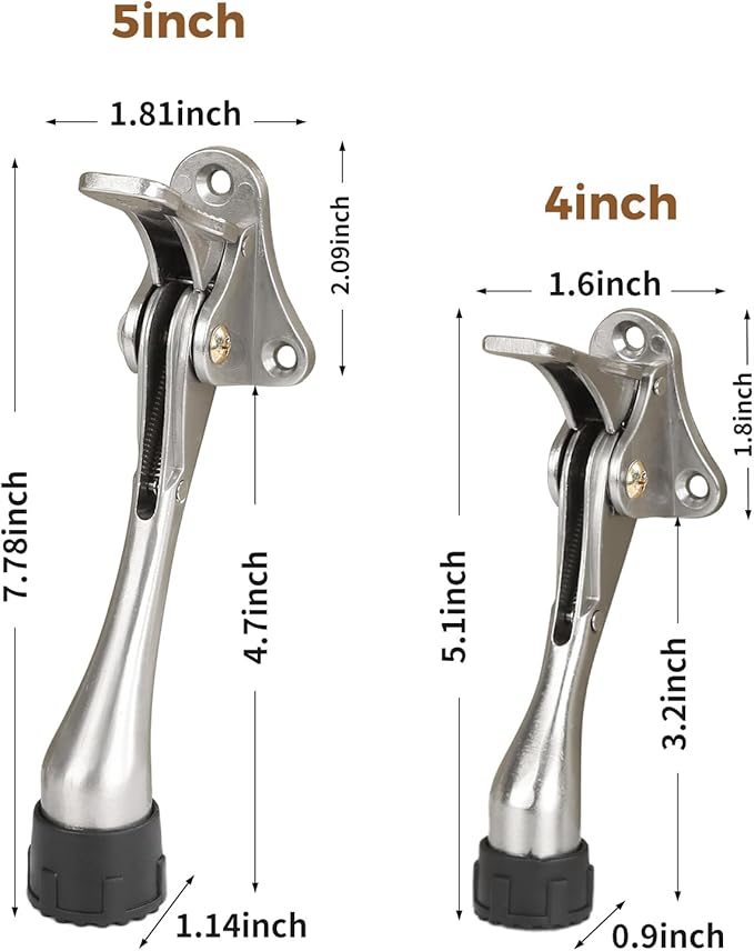 Kickdown Door Stopper 5Inches - 2 Packs One Touch Adjustable Height Door Stop for The Bottom of Door The Bottom of Door Aluminum Alloy Metal Door Stopper with Rubber Tip Silver