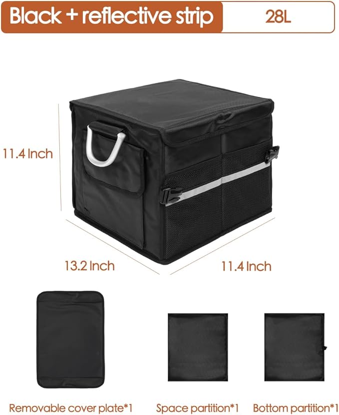 Tongketec Trunk Organizer With Lid,Small,Black 28L,For SUV Car Truck,Collapsible Waterproof Oxford Fabric,Portable Multipurpose sorting,2-Compartments with Aluminium Alloy Handle