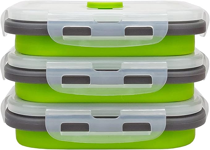 CCyanzi 3-Piece Collapsible Food Storage Containers with Lids, Silicone Lunch Container, Microwave & Freezer Safe, Space Saving for Kitchen Cabinet and Camping Backpack (Green Gray)