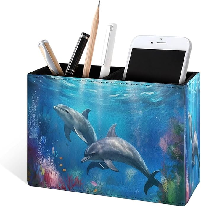 Famame Two Dolphins Underwater Pencil Holder for Desk, Leather Desktop Container Pen Cup Storage Study Table Pen Organizer Makeup Brush Holder for Classroom Office Home