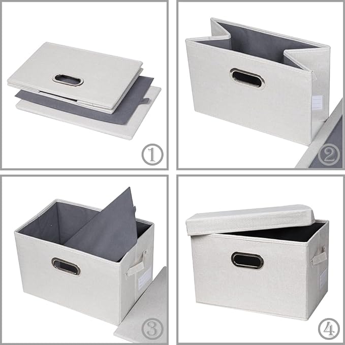 PRANDOM Large Collapsible Storage Bins with Lids [3-Pack] Fabric Foldable Storage Boxes Organizer Containers Baskets Cube with Cover for Home Bedroom Closet Office Beige (17.3x11.8x11.8)
