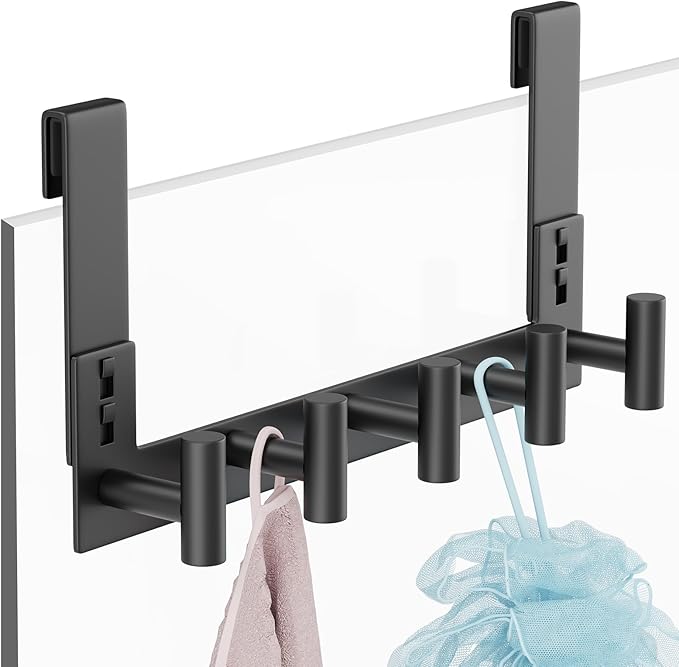 PMMASTO Shower Door Hooks, (7.5 Inch) Extended Towel Hook for Bathroom Frameless Glass Shower Doors, Stainless Steel Heavy Duty Holder for Hanging Robe, Towel (Black 5 T-Hooks-Fits 3/8" Thick Door)