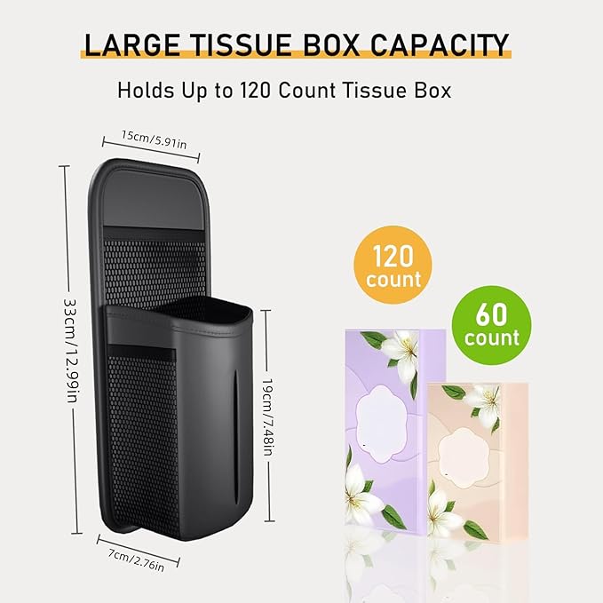 Tumecos Car Storage Organizer for Front and Back Seat,Rectangle Car Tissue Box Holder,Side Mount Hanging Bags with 3 Mesh Pockets,Waterproof Consoles Organizers,Napkin Cover