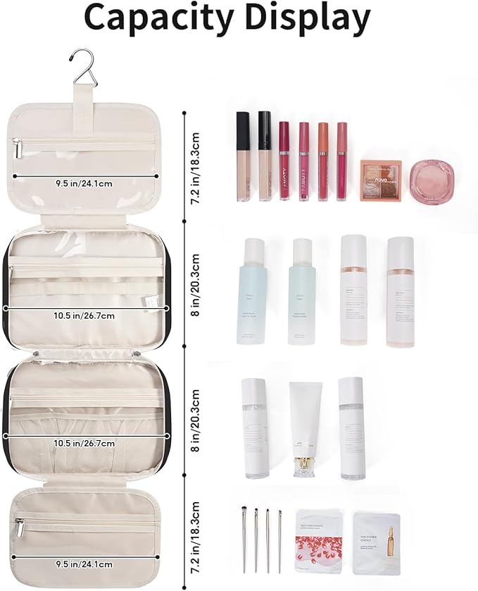 Narwey Hanging Toiletry Bag for Women Travel Makeup Bag Organizer Toiletries Bag for Travel Size Essentials Accessories Cosmetics (Black (Medium))