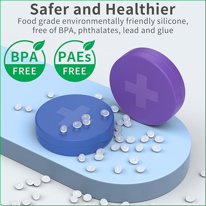 2 Pack Small Pill Box,3 Compartment Round Silicone Travel Pill Box for Purse Pocket, Waterproof Portable Compact Medicine Holder for Vitamin, Cod Liver Oil, Supplement(Purple+Blue)