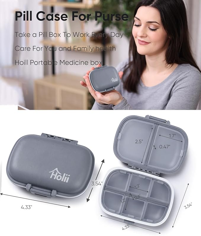 Holii Travel Pill Organizer, 8 Compartments Portable Pill Case, Daily Pill Box to Hold Vitamins, Small Pill Container for Pocket Purse Medicine Organizer（Gray）