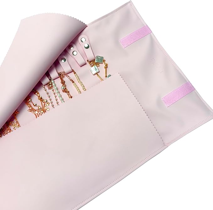 UnionPlus Travel Jewelry Roll, Faux Leather Necklaces Organizer Bag, Elastic Band and Anti-winding, Petal Pink