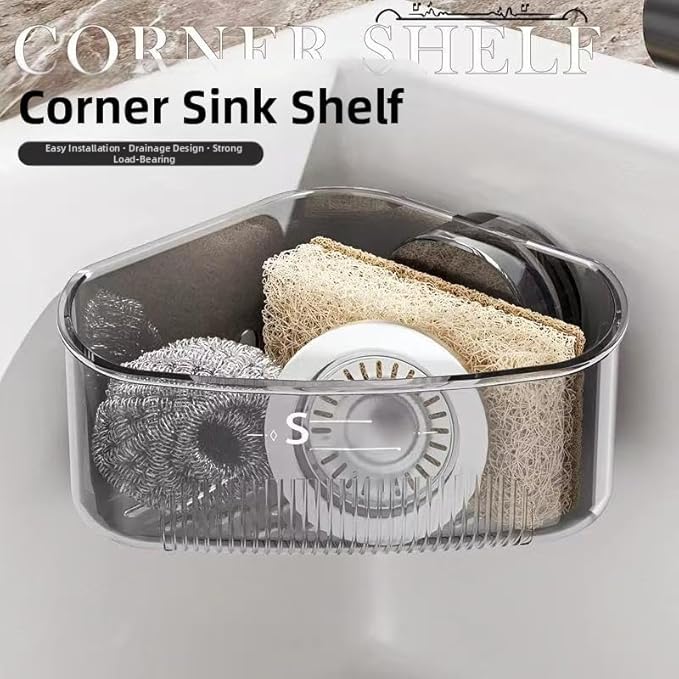 2PCS Sink Organizer and Caddy, Corner Sink Rack with Suction Cup Mount, Drain Box Holder for Kitchen Sponge, Scrubber, Soap Dispenser Storage, Black Adhesive Corner Organizer