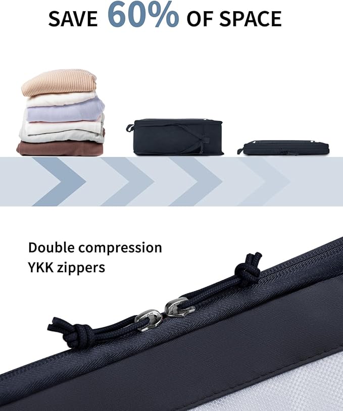 ECOHUB 5 Set Compression Packing Cubes for Suitcases Organizer Bags Set Travel Essentials with Shoe Bags for Travel Tear-resistant Travel Accessories with ID Tag Expandable Packing Bags (Navy Blue)