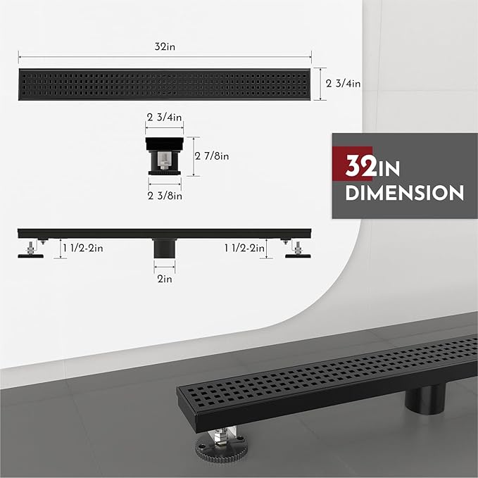 WEBANG 32 Inch Linear Shower Drain Rectangular Floor Drain with Accessories Square Hole Pattern Cover Grate Removable SUS304 Stainless Steel CUPC Certified Matte Black