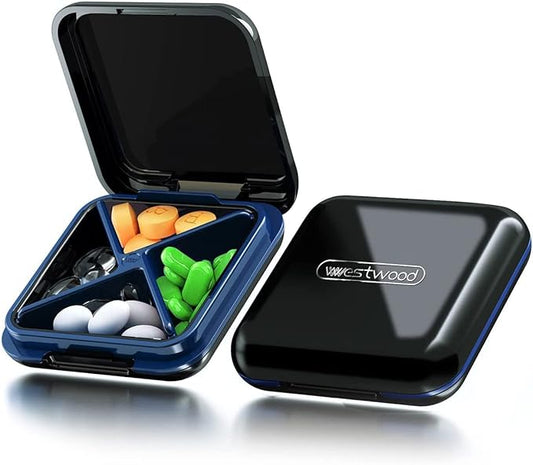 Black 4-Compartment Waterproof Pill Box Organizer - Travel Portable Medicine Box, BPA Free Pill Container for Vitamins, Fish Oils, Supplements