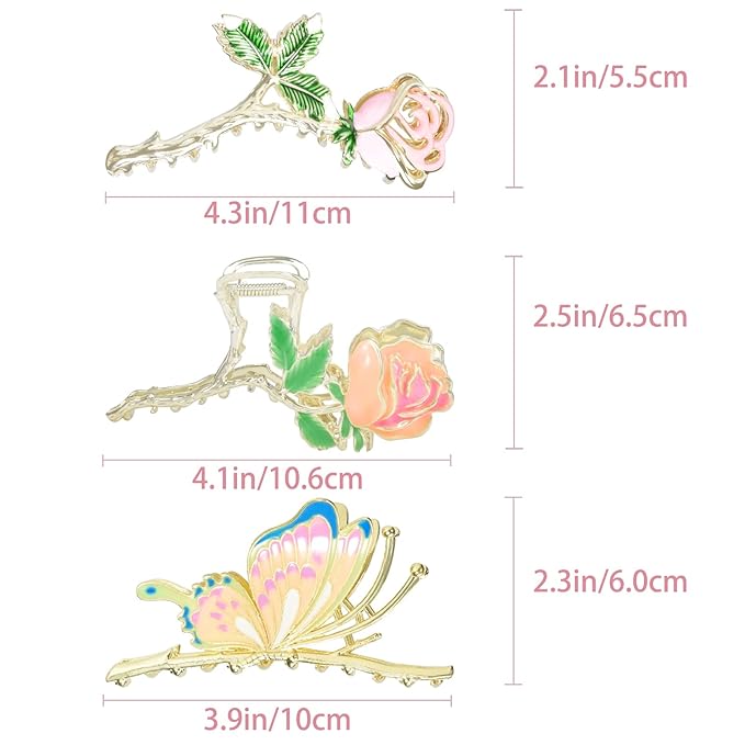 3-Piece Floral Metal Hair Accessories: Butterfly Chinese Rose Claw Clips for Thin/Medium Thick Hair, Elegant Barrettes With Strong Hold and Non-Slip Cute Catch Clamps