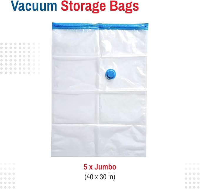 5 Pack Jumbo Vacuum Storage Bags for Comforters, Blankets & Clothes – Jumbo Vacuum Sealed Compression Bags with Hand Pump – Space Saver Storage Bags for Bedding, Moving, Travel & Organization