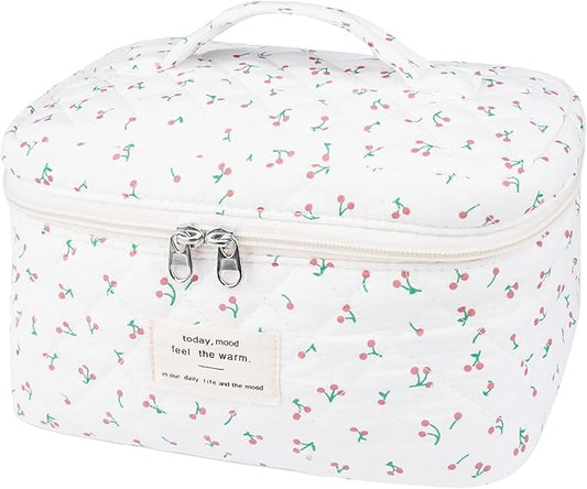 Large Travel Quilted Makeup Bag for Women,Big Floral Cotton Cosmetic Bag, Cute Coquette Aesthetic Floral Toiletry Organizer Bag (White Cherry)