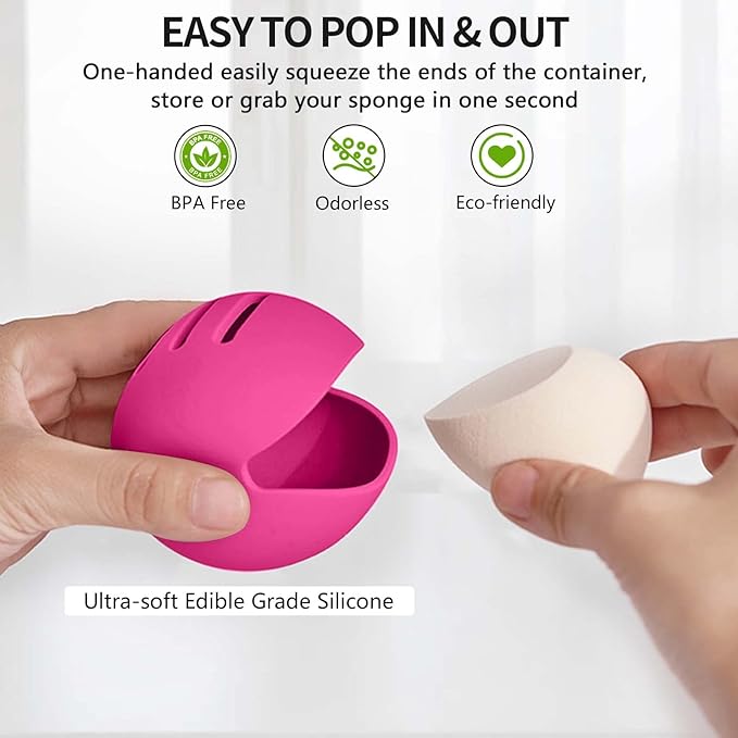 Makeup Sponge Holder,Double-sided 5-line Vented Silicone Beauty Blender Holder for Travel,Shatterproof Make Up Sponge Travel Case for All Sponges Sanitary Reuse Easy to Carry,Rose Red
