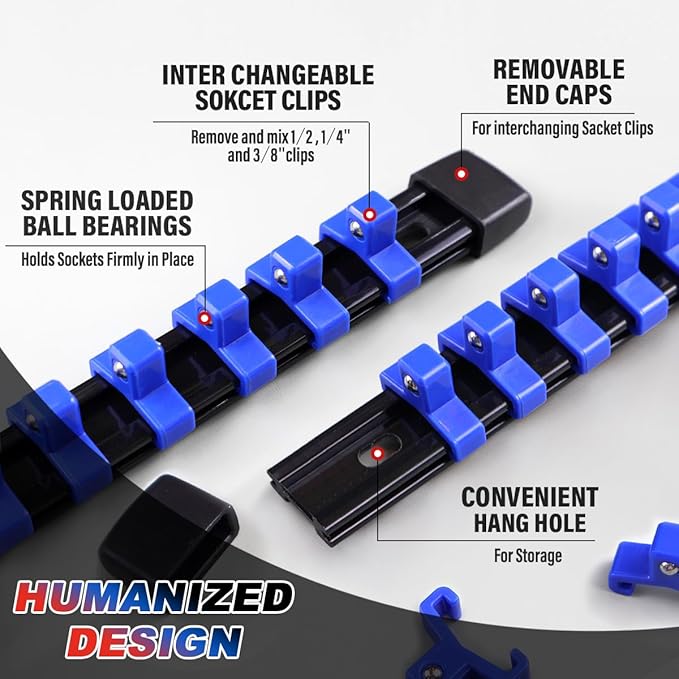 3-Piece Socket Organizer Rail Set, Heavy Duty Socket Holder for 1/4", 3/8", 1/2" Drive, 43 Clips Spring Loaded Ball Bearings for Metric & SAE Sockets, Portable Tool Tray for Toolbox Drawer
