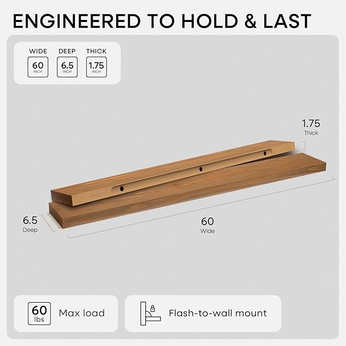 Homeforia 60 inch Golden Oak Floating Shelf, High-End Solid Real Wood 60inch Small Floating Shelves for Wall Mounted, Oak Wooden 60in Floating Shelves, Heavy Duty Bracket, 60 X 6.5 X 1.75 in, Set of 2