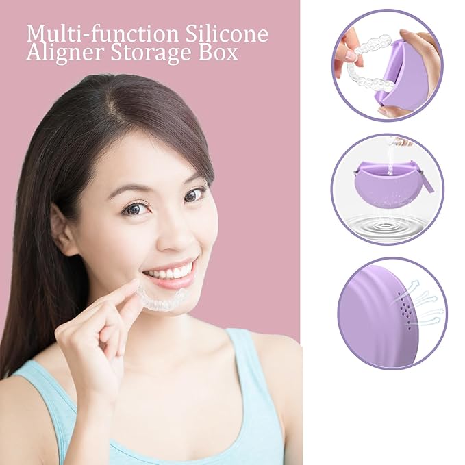 2 Pack Silicone Retainer Case with Vent Holes Lanyard Aligner Case Cute Portable Container Holder Night Guard Case for Travel Girl Women Men Kids (Purple+Blue)