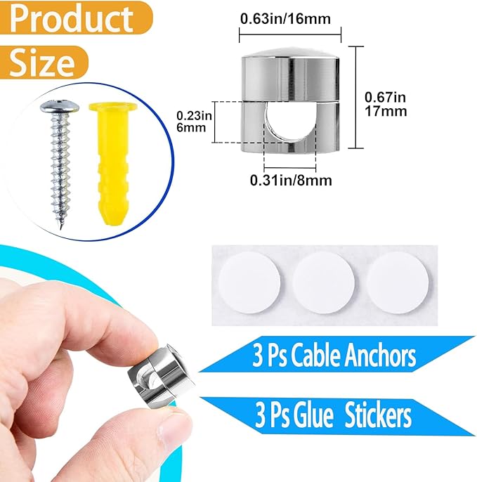 3 Sets Charger Cord Holder, Silver Metal Adhesive Cable Management Clips,Adjustable Cable Anchor Holders,Wire Organizer for Desk, Wall, Home, Office