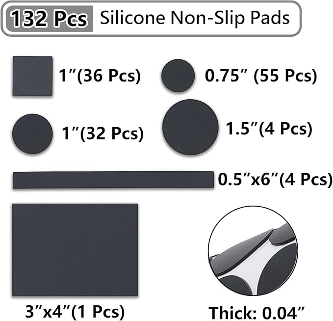 Jayen 132 Pcs Non Slip Self-Adhesive Silicone Cuttable Furniture Pads, Anti-Sliding Anti-Scratch Rubber Floor Protectors for Any Furniture and Appliances - Black (Matte)