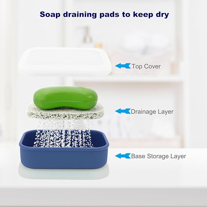Leak Proof Travel Soap Case, Solid Shampoo Bar Holder, Silicone Soap Container with Draining Layer, Portable Bar Soap Holder for Bathroom, Camping, Gym, Easy to Clean (Blue, Large)