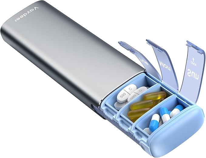 Vaydeer Metal Travel Pill Organizer – Compact Weekly Pill Box for Daily Medication – Portable Small Pill Case for Vitamins, Pills & Supplements (Gunmetal)