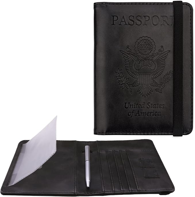 WALNEW Passport Holder for Travel, RFID Passport Cover Wallet for Women Men, PU Leather Passport Book Case with Pen Holder and Clear Photo Slot, Black