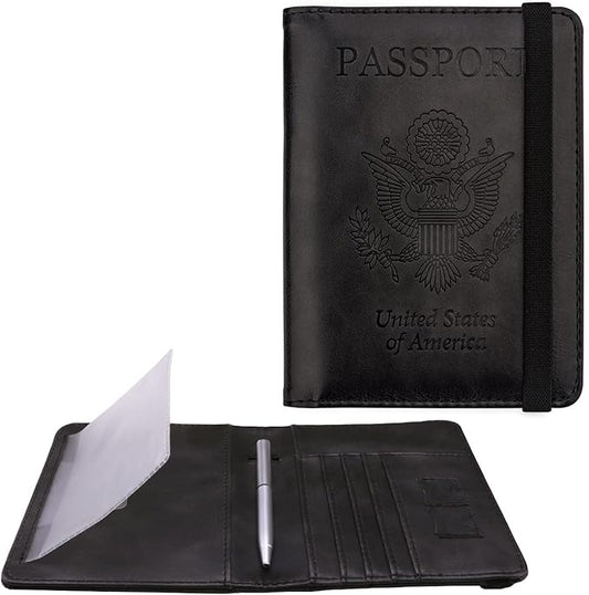 WALNEW Passport Holder for Travel, RFID Passport Cover Wallet for Women Men, PU Leather Passport Book Case with Pen Holder and Clear Photo Slot, Black