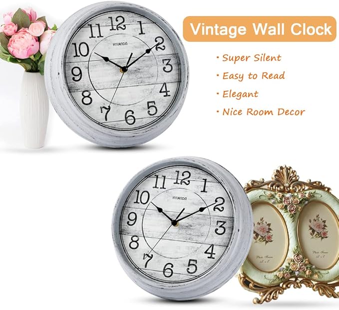 HYLANDA Retro/Vintage 12-Inch Kitchen Decorative Wall Clock, Silent Wall Clock Battery Operated Non Ticking with Large Numbers Easy to Read for Home Bathroom Office (Grey)